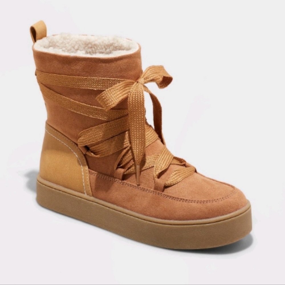 Universal Thread Woman's Brigitte Round Toe Lace-up Winter Boots ~ Cognac - Picture 2 of 16